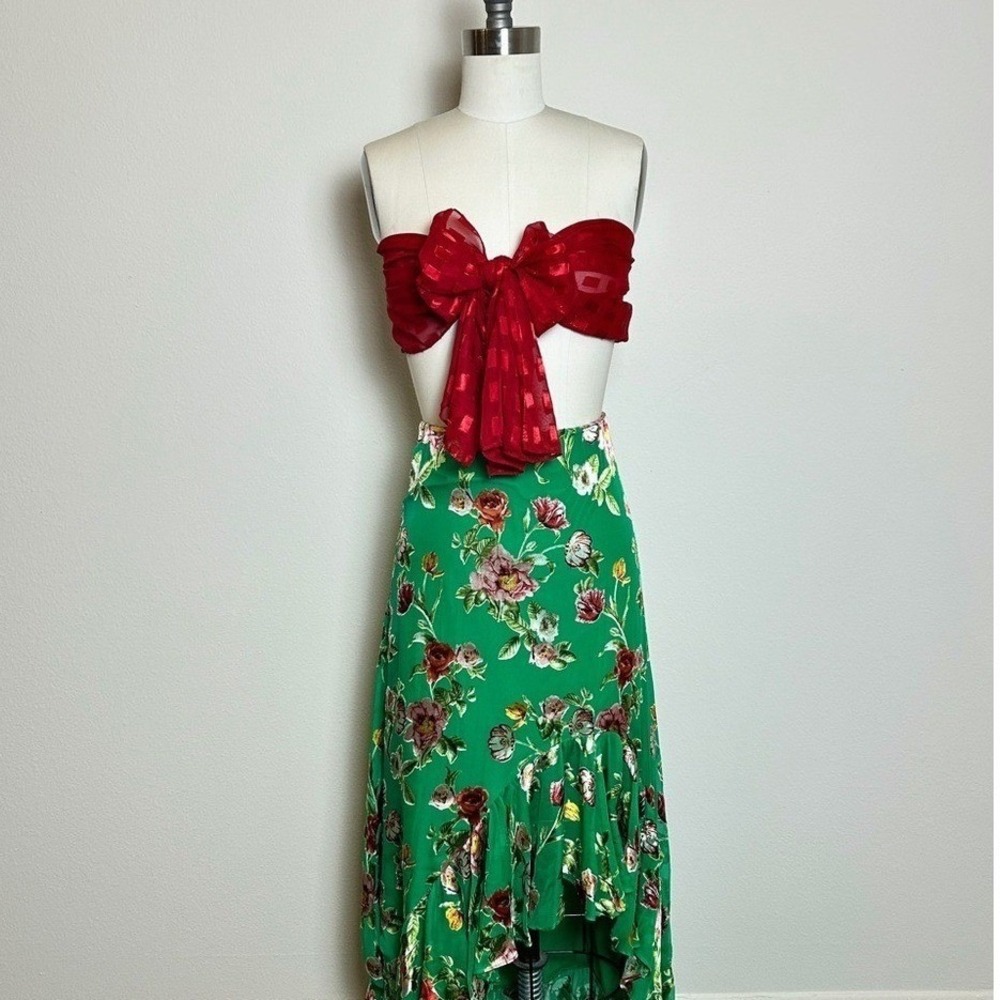 NWT Alice + Olivia Soraya Green Floral Silk Maxi Skirt High Low Ruffle Size 0